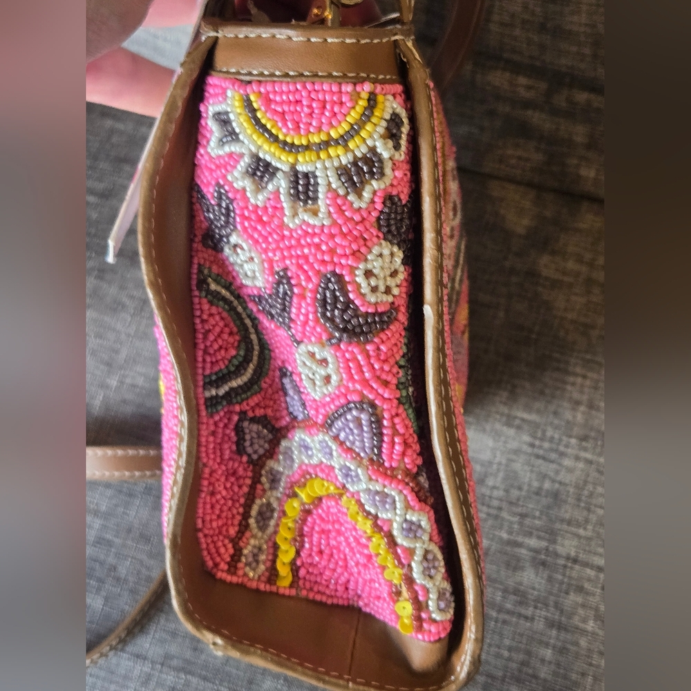 Viral Handmade Pink Beaded Tote Bag Crossbody Purse With Leather Straps NWT - Picture 7 of 11